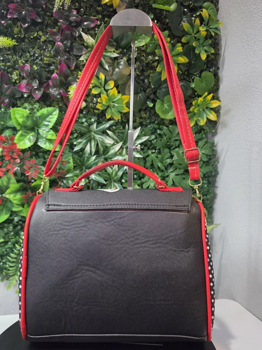 Black and Red Women's Satchel with Graphic Face Detail